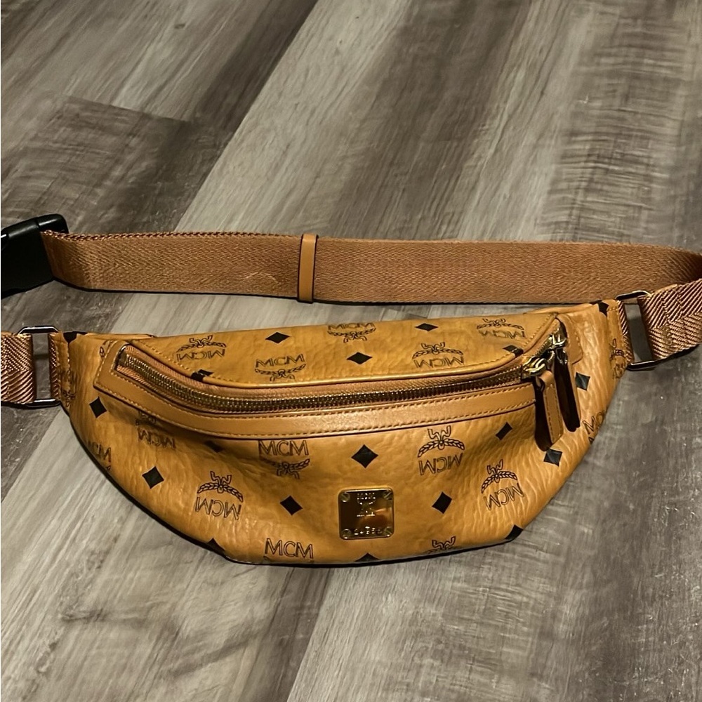 MCM Tan Designer Belt Bag with Adjustable Strap